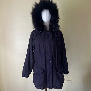 Vintage Jacqueline Ferrar Black Parka Coat Real Fox Fur‎ Trim Hood XS Petite 90s